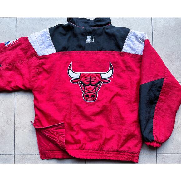 Chicago Bulls 90s STARTER puffer 1/2 Pullover jacket yth M red black NBA vintage - Picture 2 of 7